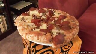 Beautiful Blonde Girl  Sucks  & Fucks Manhood While Eating Pizza 