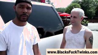 Hungry interracial gay blonde gets off