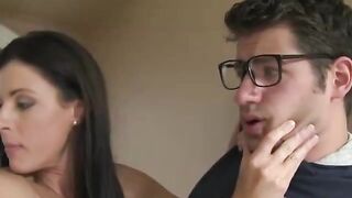 MILF and babe seduce a geeky guy