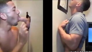 Eager straight guy gets his cock blown through a glory hole