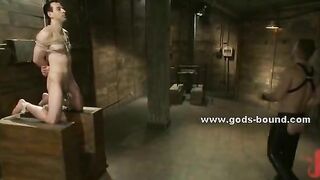 Old basement holds gay slave prisoner bound in ropes and tortured with bondage clips in nasty sex