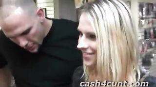 Cute amateur blonde paid to get down on her knees and suck cock