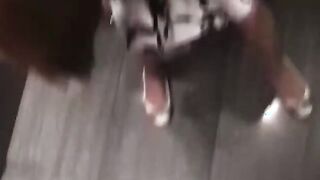 Dirty slut gets fucked on a toilet whille she sucks on a cock