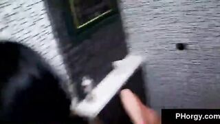 Horny group of whipped cream covered hotties blow glory hole cock