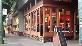 Lady takes off panties in restaurant and is forced by perverts to fuck with all in the backroom