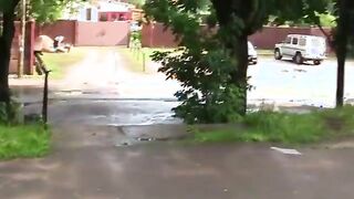 Horny teen sucks on two hard cocks in public park