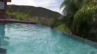 Natural busty girlfriend blows in pool and gets doggystyled