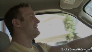 Big tit amateur brunette wants to thank a guy for helping her with her car