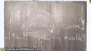 Cute blonde teen student showing