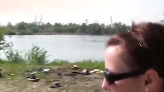 Sexy babes shows off tits for cash outdoors