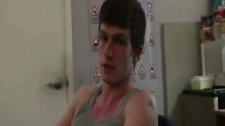 Horny teen student tugs his cock in his dorm