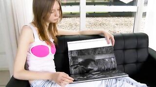 Ultra skinny pussy opening on the bed