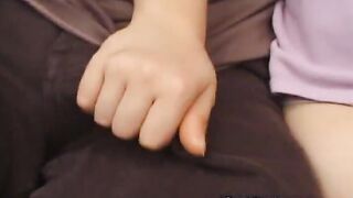 Super horny Asian girl fingering her hairy pussy while sucking a cock