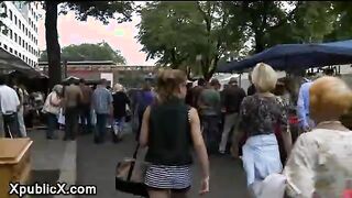 Barefoot babe strips and fucks outdoor