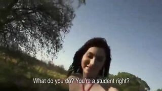 Skinny redhead gf flashes her tits and fucked for money