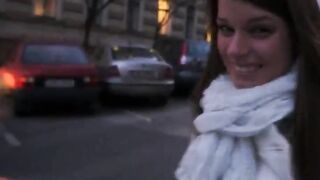 Horny girl strokes cock til it bursts cum for money