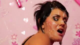 Big titted babes sprayed with bukkake after fucking strapon