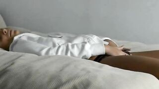 Blonde babe in white shirt pose