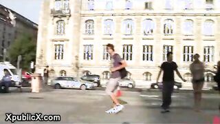 Blindfolded tied up babe fucked in public bar