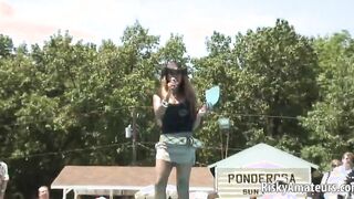 Horny big breasted amateur chicks strip down naked and pose in public