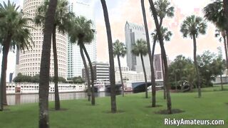 Two naughty amateur girls take their clothes off and kiss each other in public