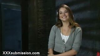 Small tits bound brunette finger fucked while gets suspended