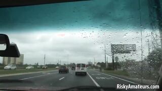 Sexy amateur girl with big tits is ready to expose her pink pussy in a car