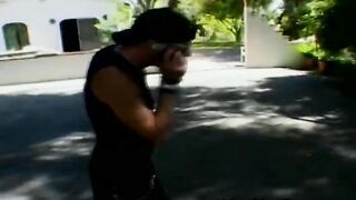 Guy licking a femdoms shaved pussy and getting fucked hard outdoors