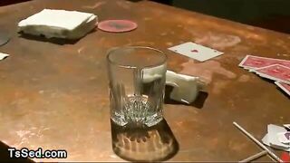 Asian tranny fucks tied up guy in throath and ass in a bed