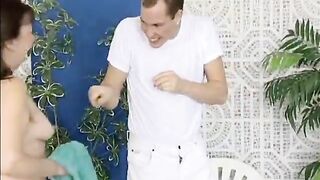 Dirty housewife gets horny sucking