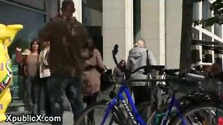 Busty babe fucked on own mattress in public busy streets