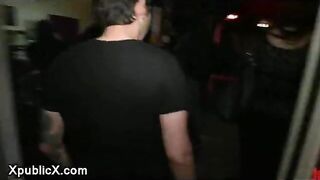 Bound babe against post gangbanged in public bar