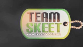 Large-busted brunette babe puts boner down lips and pussy