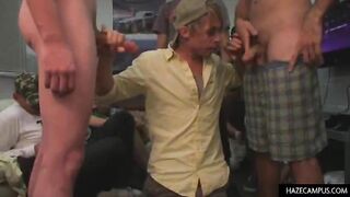 Blonde twink eats two hard cocks 