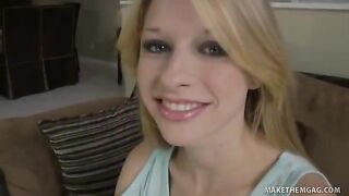 Blonde Avril Hall cutie flaunts oral skills
