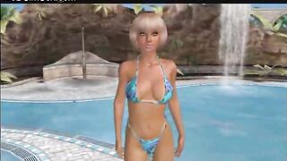 Girl at the beach goe sto the pool