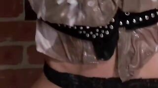 Gloryhole fake dick covers slut in bukkake