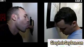 Gay dude sucks up some gloryhole cock down on his knees