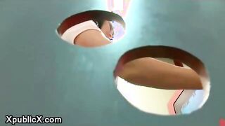 Two babes taking cock after cock in porn booth