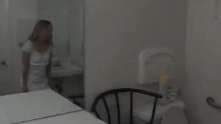 Bathroom cock sucking action with lovely
