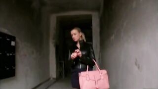 Blonde gives a public hand and blowjob before going to guys room