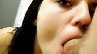 Dude gets banged And cummed his horny girlfriend in bathroom