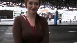 Redhead Isabella agrees to flash her big tits in the bus station and fucked