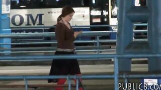 Redhead amateur with big tits flashes her boobs and squirts in a public place