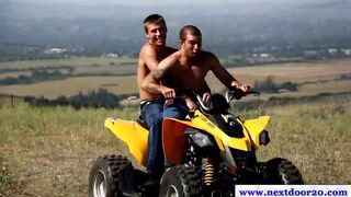 Jocks in group outdoors sucking