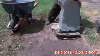 Outdoor BDSM Locked in Hole Slave