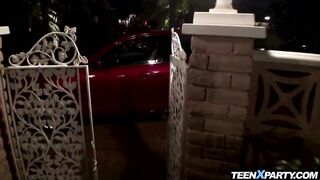 Two hot party girls fuck after hot tub blowjob