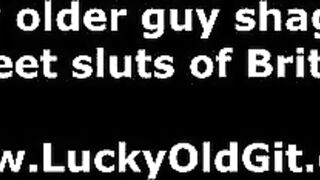 Young brunette girl shows big tits to older British dude