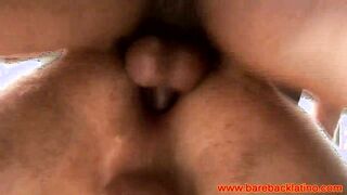 Three young latin bareback hunks anal sex