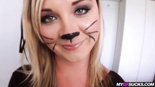 Cute blonde girlfriend in cat costume gives blowjob